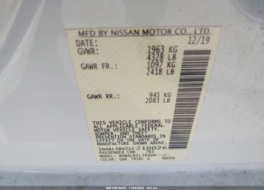 2020 NISSAN ALTIMA S FWD VIN: 1N4BL4BV2LC210026