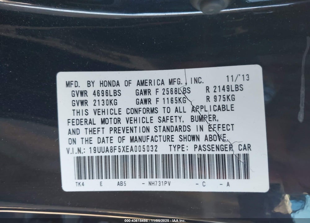 2014 ACURA TL 3.5 VIN: 19UUA8F5XEA005032