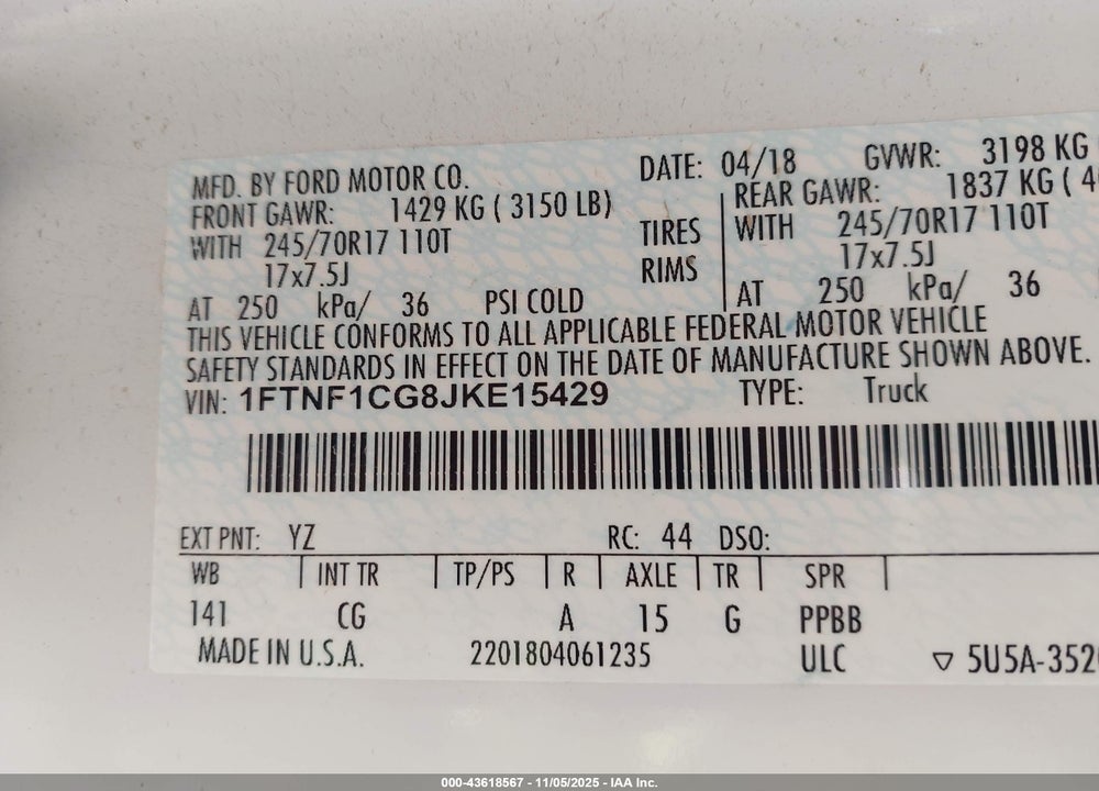 2018 FORD F-150 XL VIN: 1FTNF1CG8JKE15429