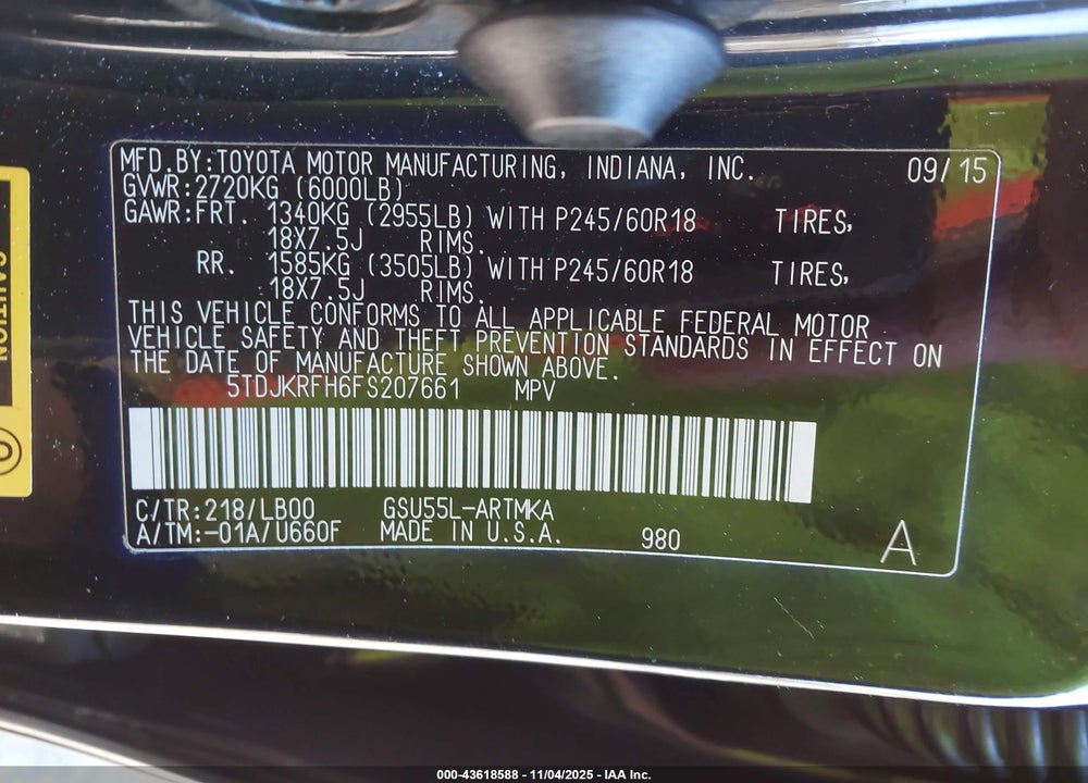 2015 TOYOTA HIGHLANDER XLE V6 VIN: 5TDJKRFH6FS207661
