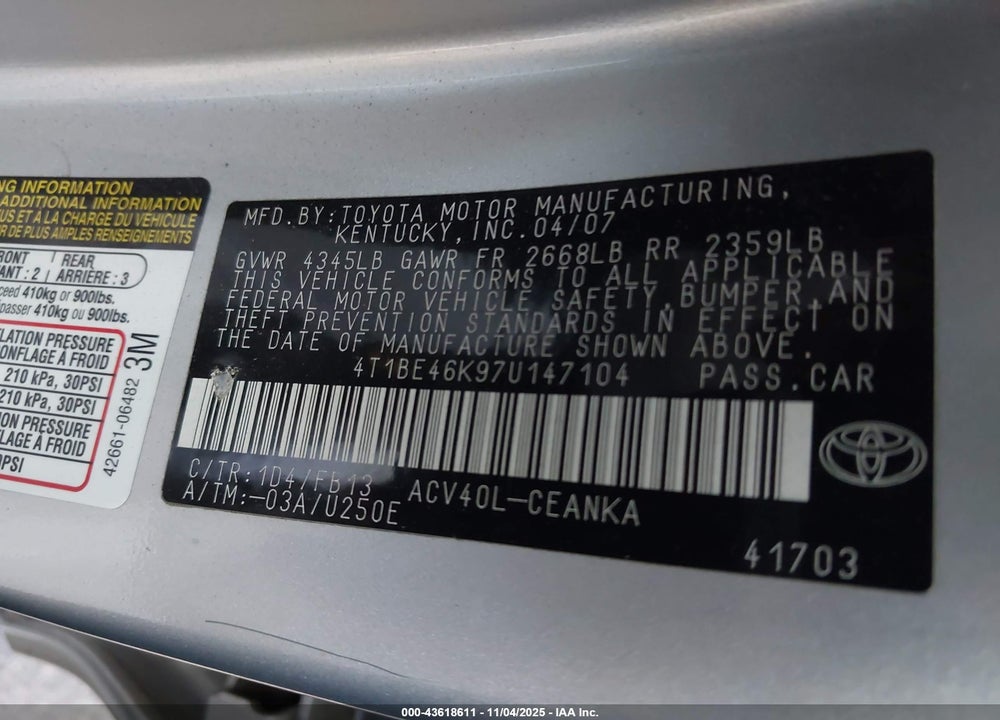 2007 TOYOTA CAMRY LE VIN: 4T1BE46K97U147104