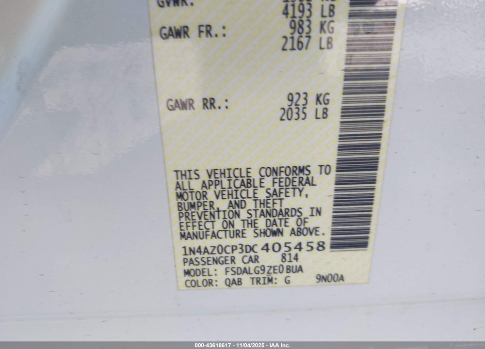 2013 NISSAN LEAF VIN: 1N4AZ0CP3DC405458