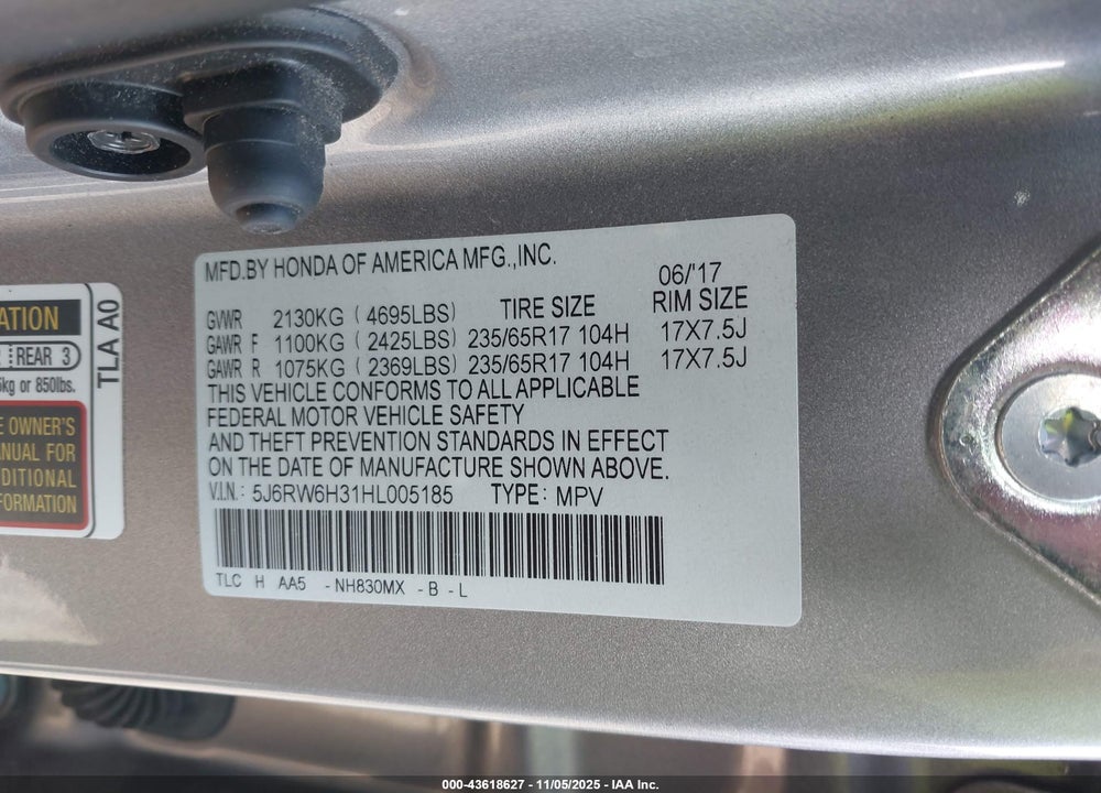 2017 HONDA CR-V LX VIN: 5J6RW6H31HL005185