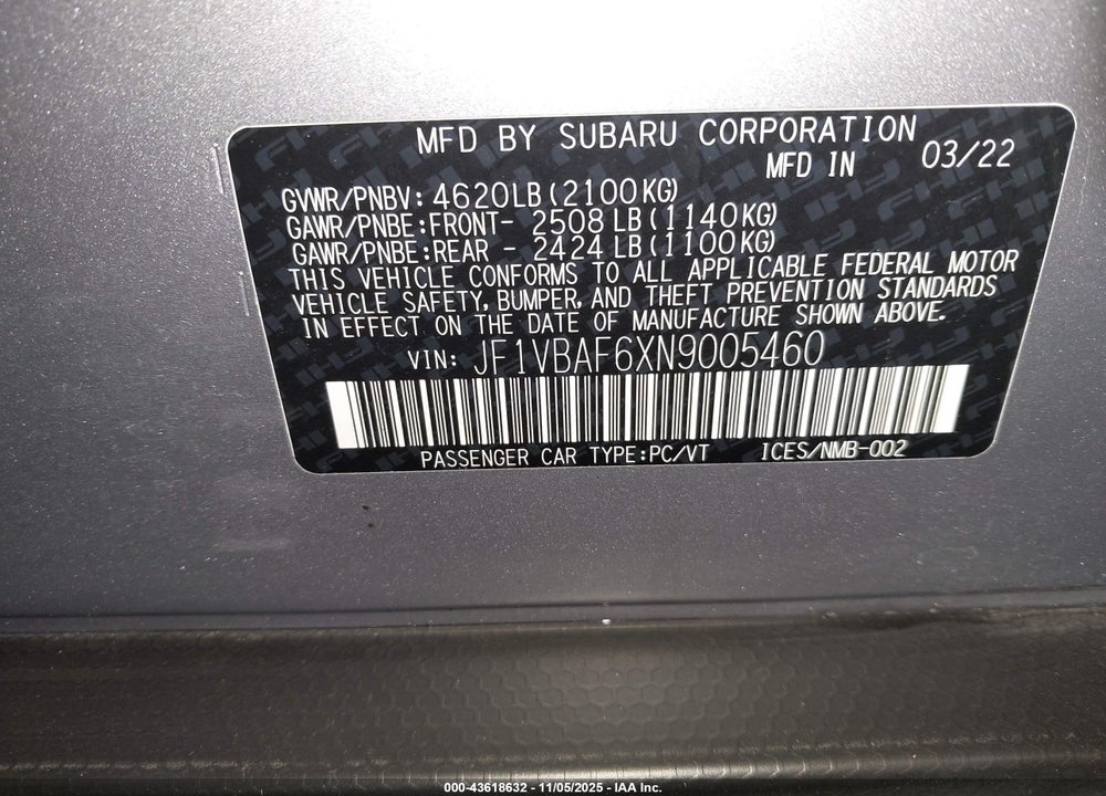 2022 SUBARU WRX PREMIUM VIN: JF1VBAF6XN9005460
