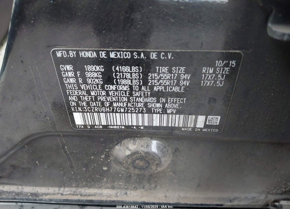 2016 HONDA HR-V VIN: 3CZRU6H77GM725273