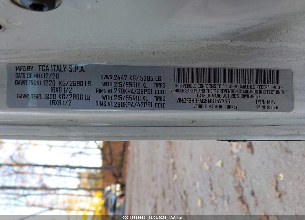 2021 RAM PROMASTER CITY TRADESMAN VIN: ZFBHRFAB5M6T57756