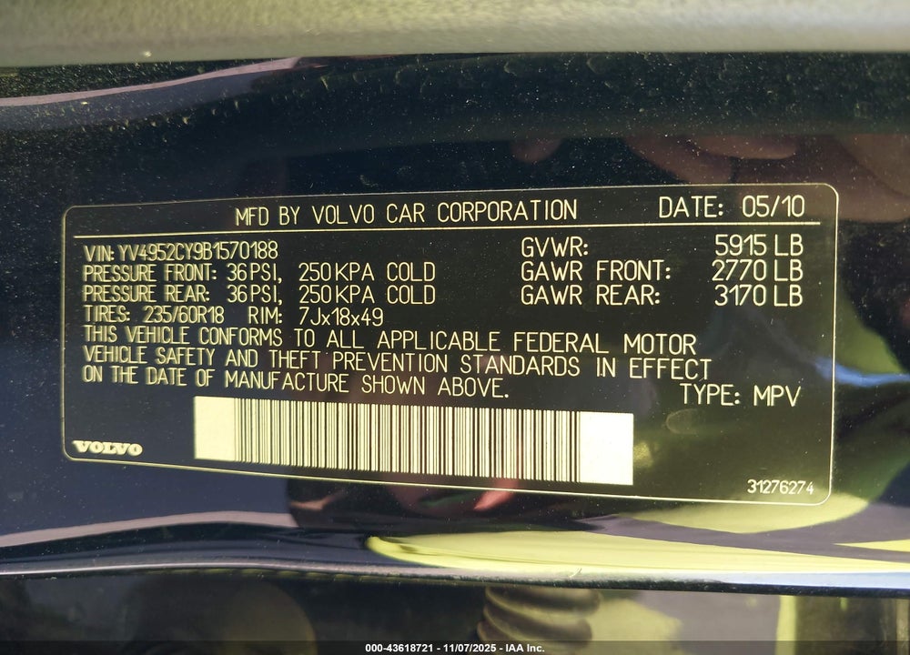 2011 VOLVO XC90 3.2 VIN: YV4952CY9B1570188