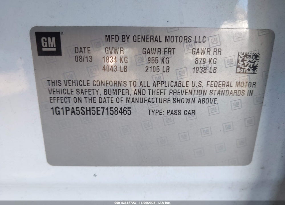 2014 CHEVROLET CRUZE LS AUTO VIN: 1G1PA5SH5E7158465