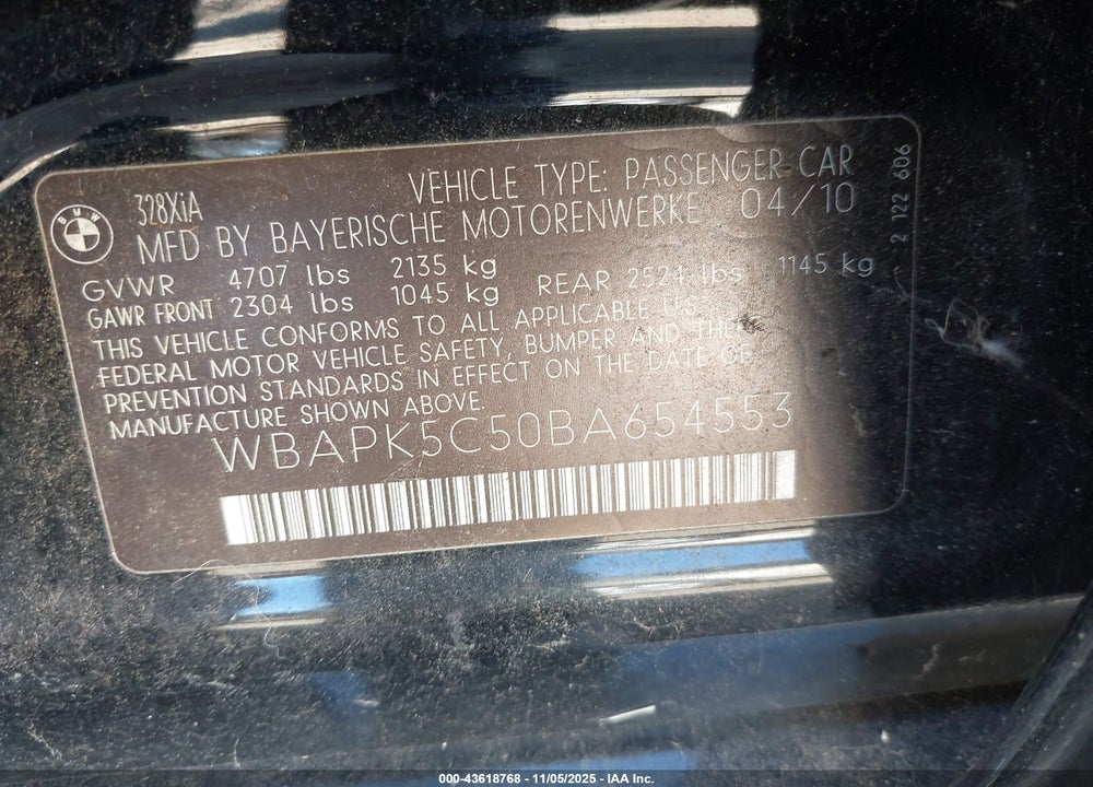 2011 BMW 328I XDRIVE VIN: WBAPK5C50BA654553