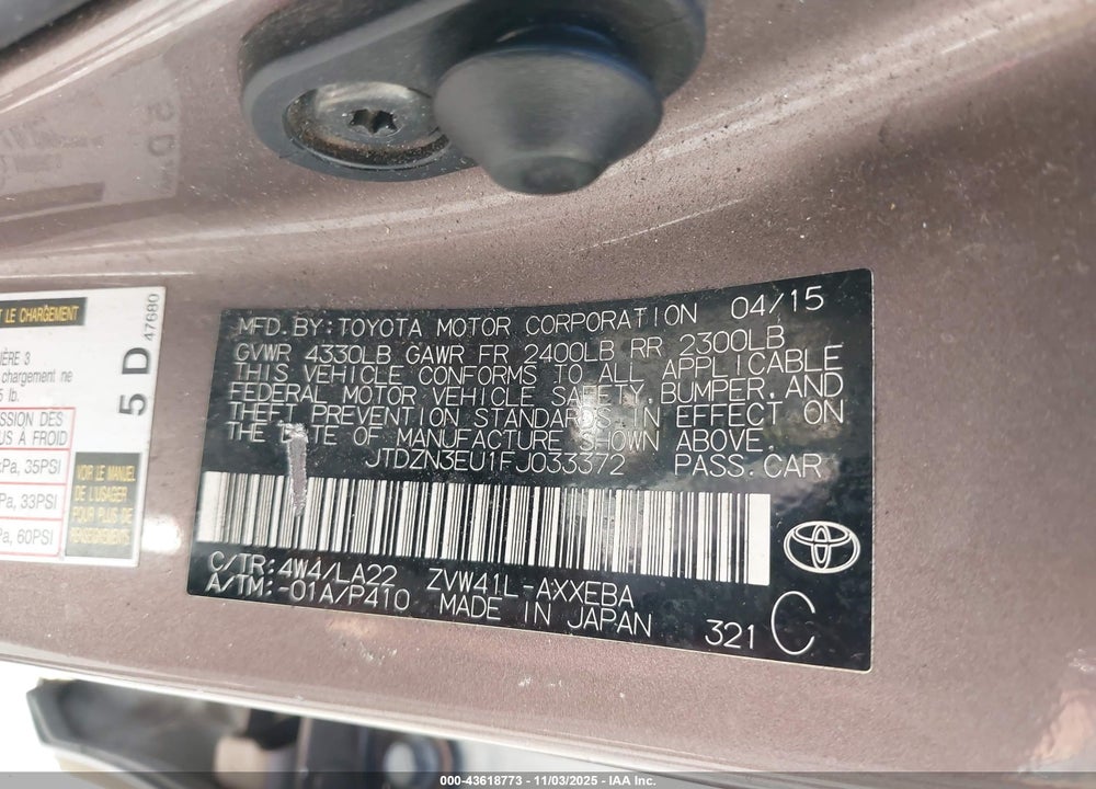 2015 TOYOTA PRIUS V FOUR VIN: JTDZN3EU1FJ033372