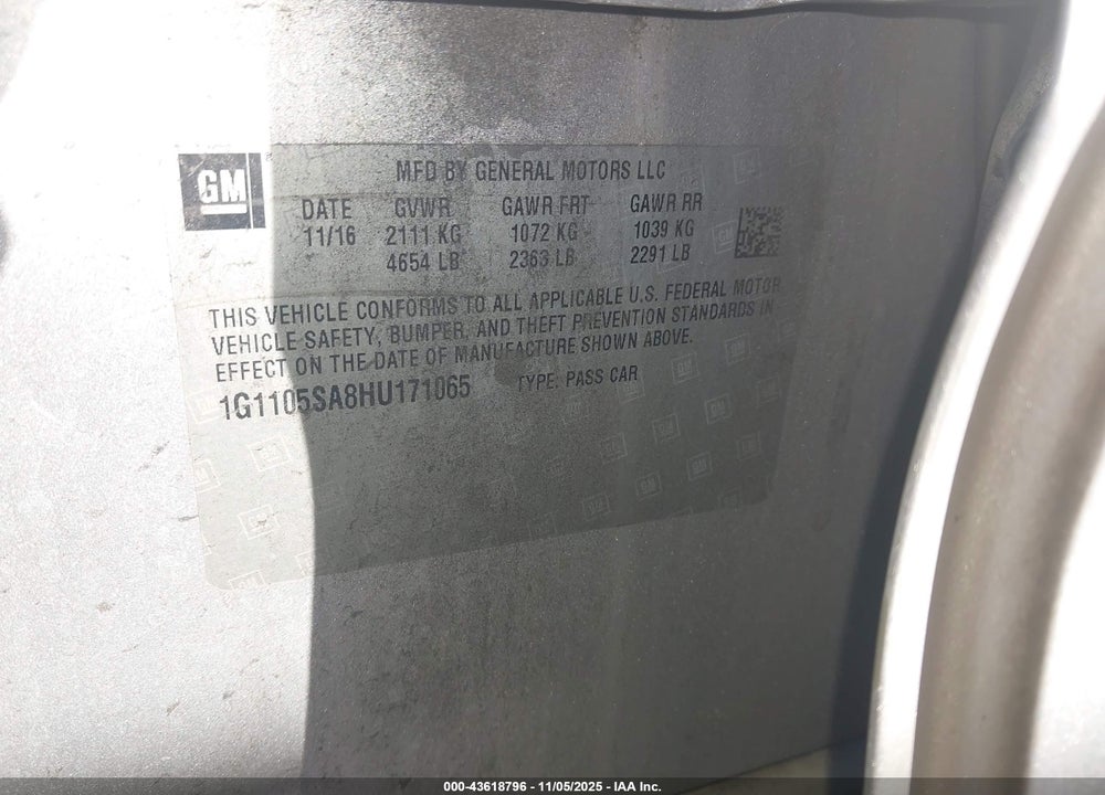 2017 CHEVROLET IMPALA 1LT VIN: 1G1105SA8HU171065