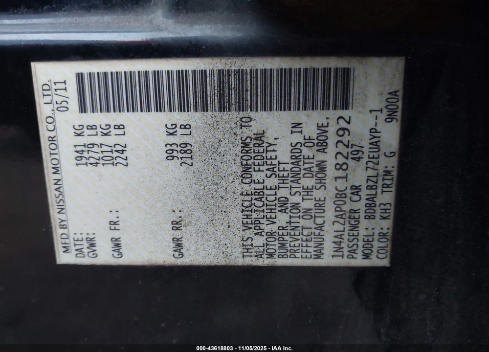 2011 NISSAN ALTIMA 2.5 S VIN: 1N4AL2AP0BC182292