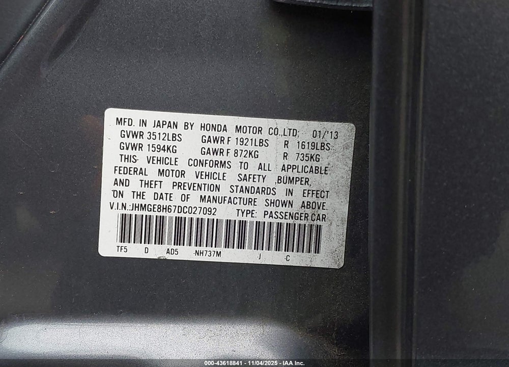 2013 HONDA FIT SPORT VIN: JHMGE8H67DC027092