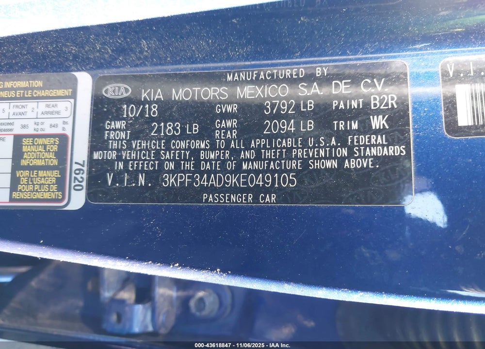 2019 KIA FORTE S VIN: 3KPF34AD9KE049105