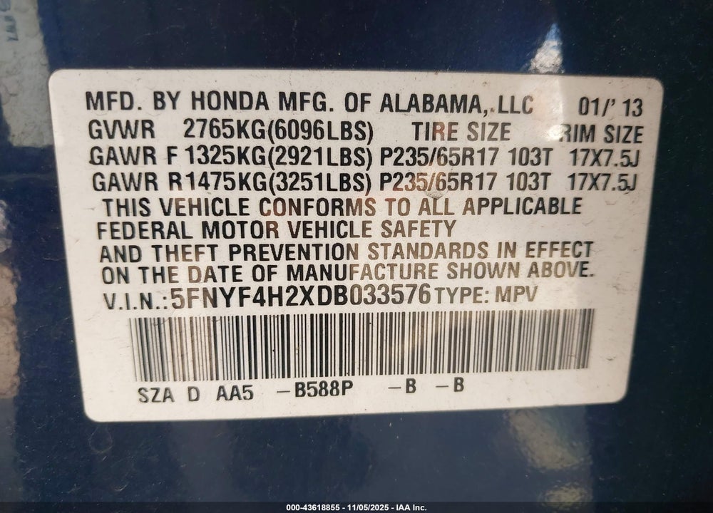2013 HONDA PILOT LX VIN: 5FNYF4H2XDB033576