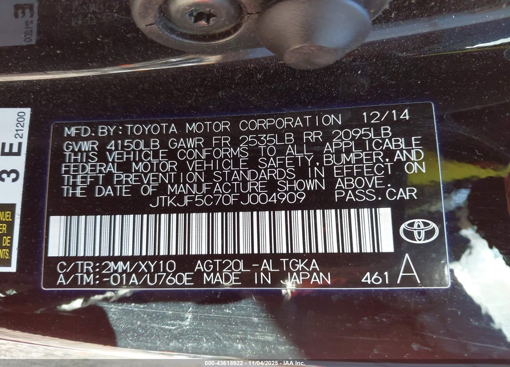 2015 SCION TC VIN: JTKJF5C70FJ004909