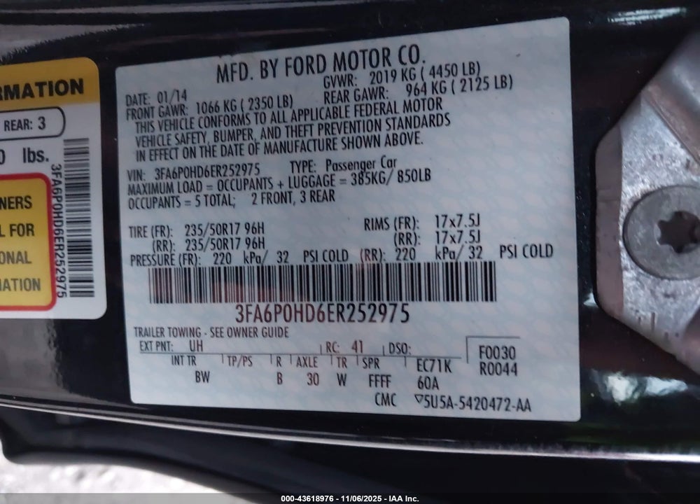2014 FORD FUSION SE VIN: 3FA6P0HD6ER252975