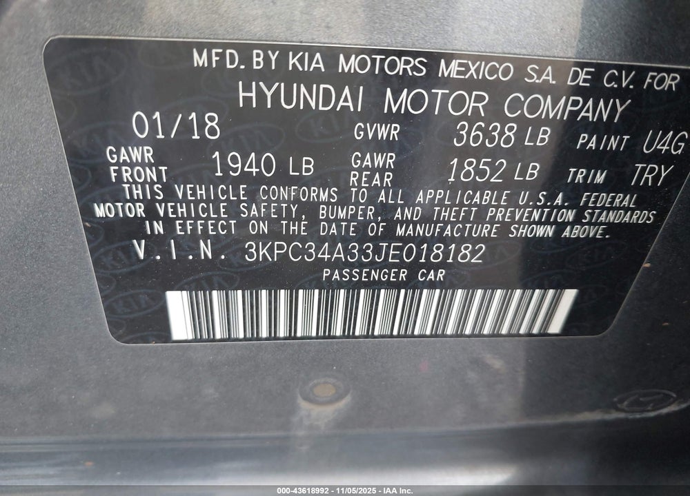 2018 HYUNDAI ACCENT LIMITED VIN: 3KPC34A33JE018182