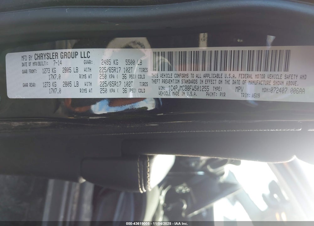 2015 JEEP CHEROKEE VIN: 1C4PJMCB8FW501255