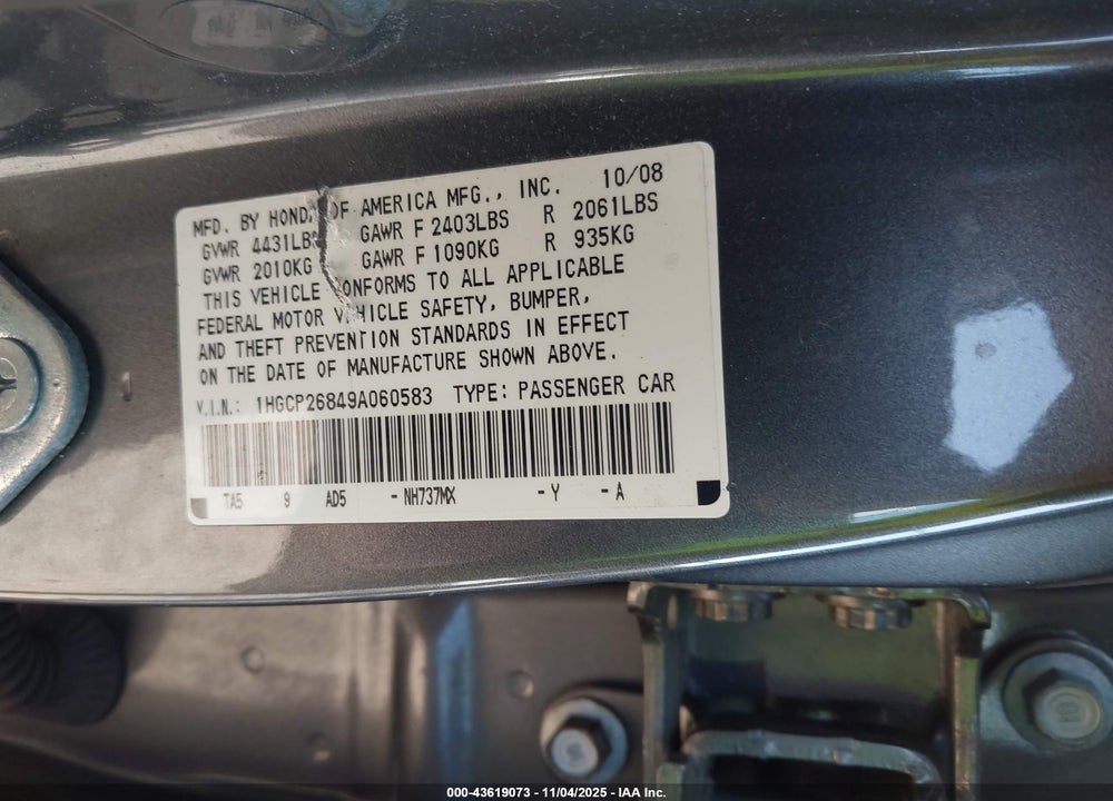 2009 HONDA ACCORD 2.4 EX-L VIN: 1HGCP26849A060583
