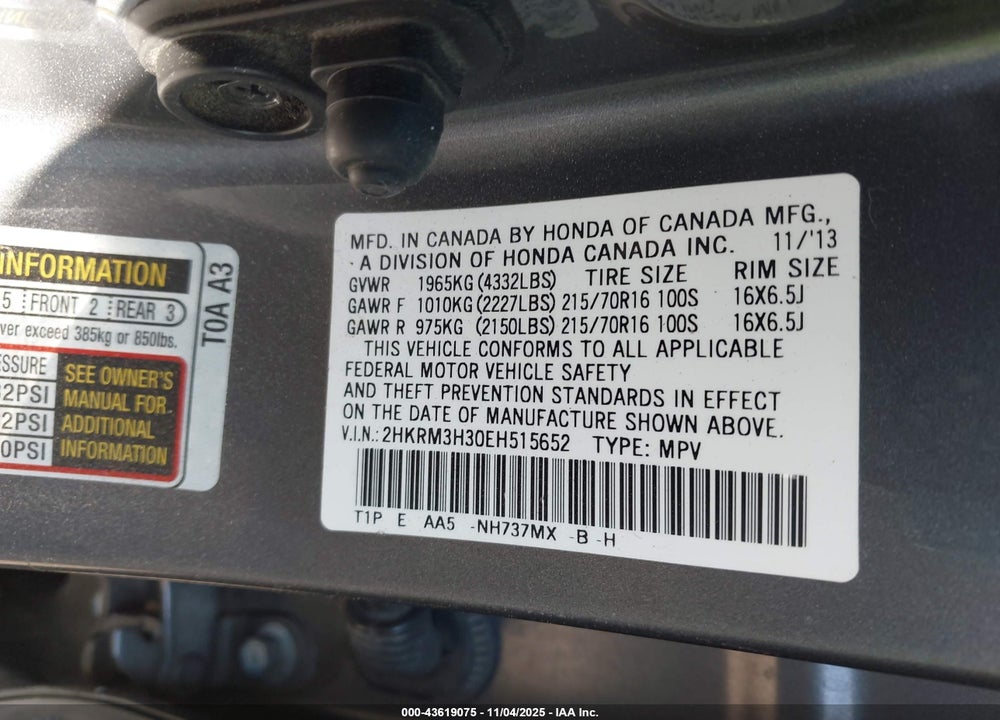 2014 HONDA CR-V LX VIN: 2HKRM3H30EH515652