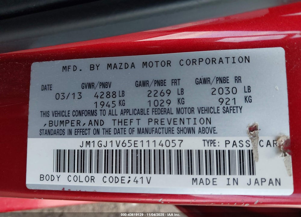 2014 MAZDA 6 VIN: JM1GJ1V65E1114057