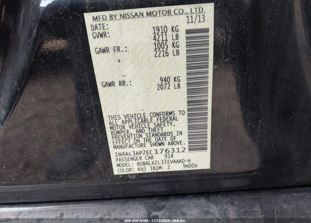 2014 NISSAN ALTIMA 2.5 SL VIN: 1N4AL3AP2EC176312