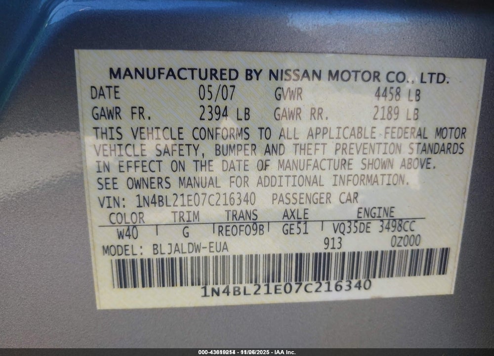 2007 NISSAN ALTIMA 3.5 SE VIN: 1N4BL21E07C216340