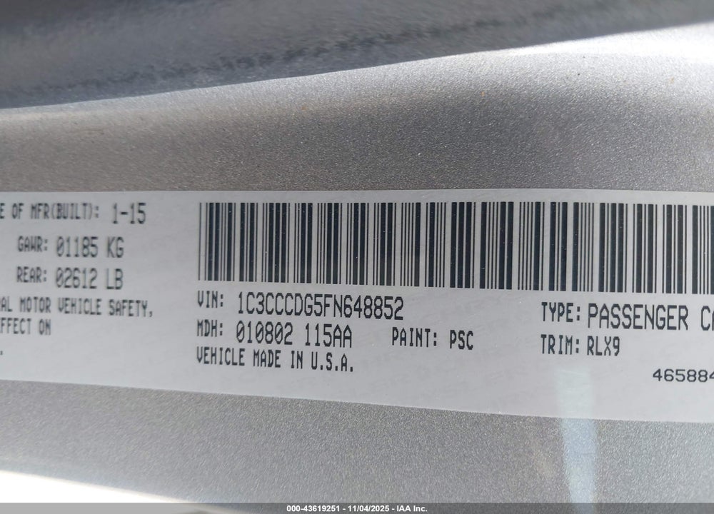 2015 CHRYSLER 200 S VIN: 1C3CCCDG5FN648852