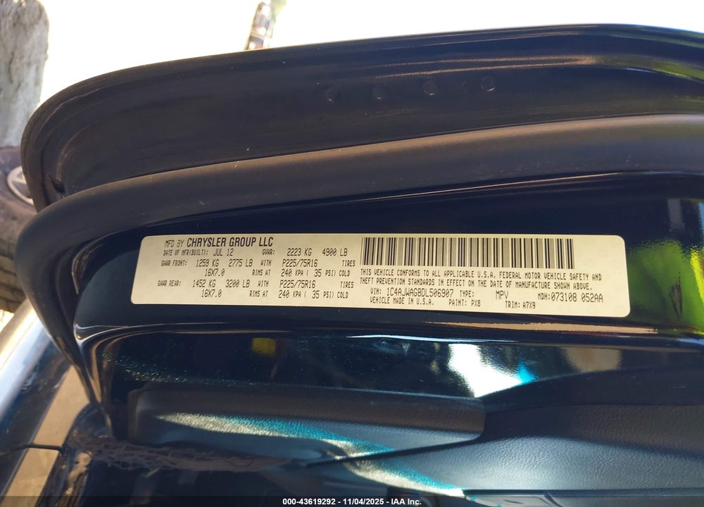 2013 JEEP WRANGLER SPORT VIN: 1C4AJWAG8DL506907