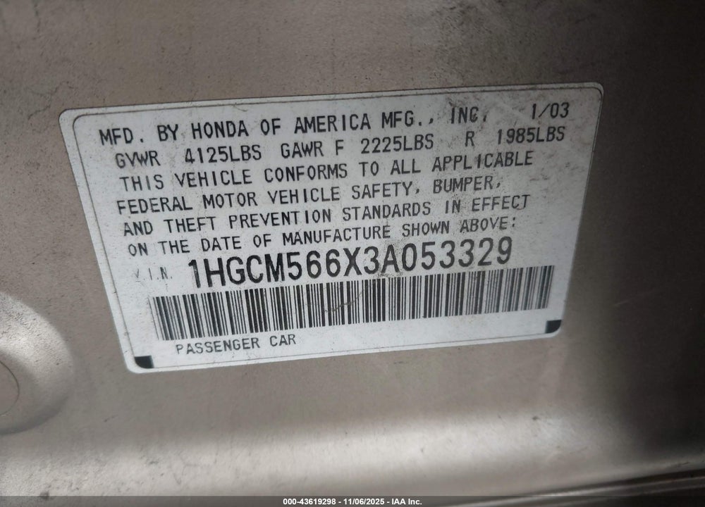2003 HONDA ACCORD 2.4 EX VIN: 1HGCM566X3A053329