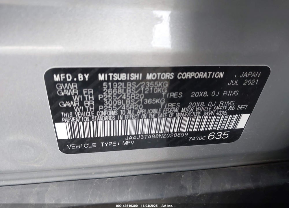 2022 MITSUBISHI OUTLANDER ES 2.5 2WD VIN: JA4J3TA88NZ028899