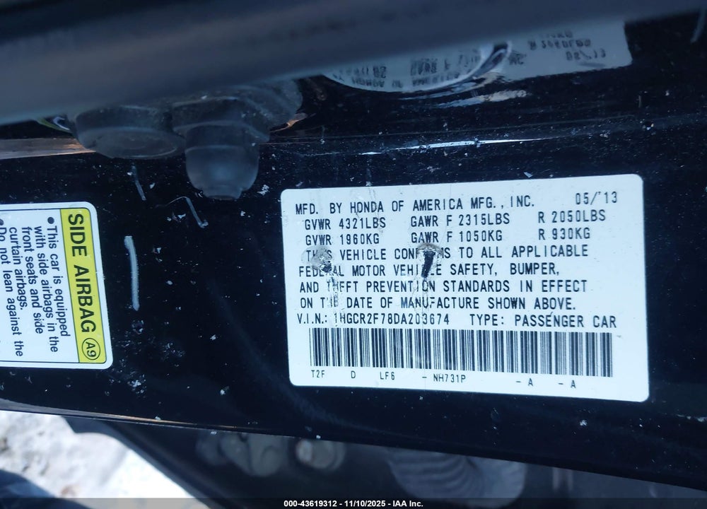 2013 HONDA ACCORD VIN: 1HGCR2F78DA203674