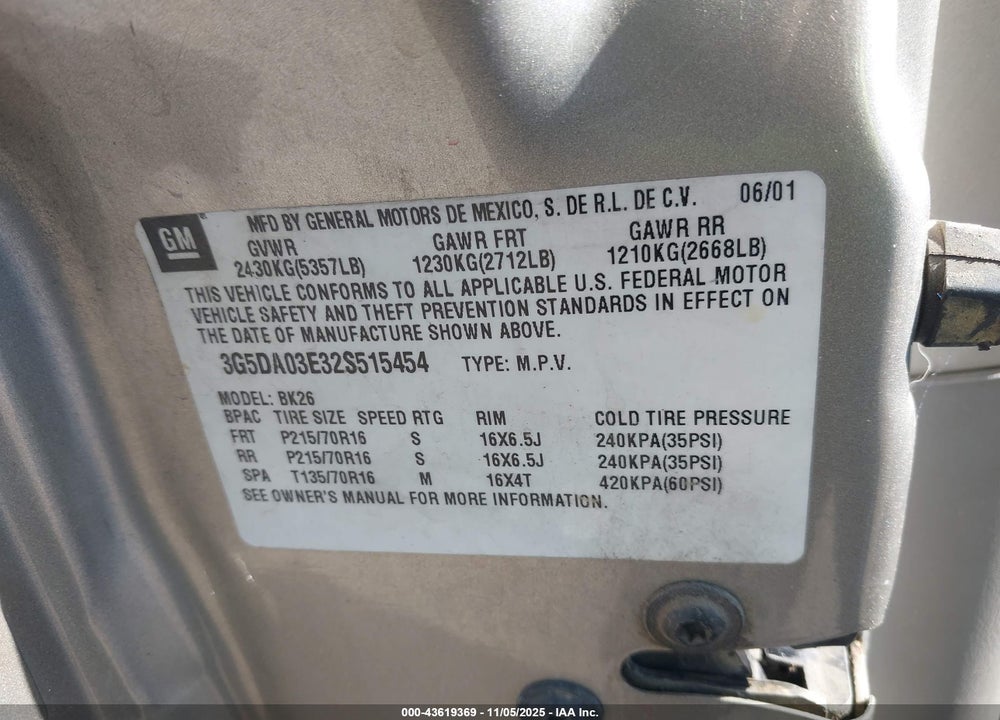 2002 BUICK RENDEZVOUS CX VIN: 3G5DA03E32S515454
