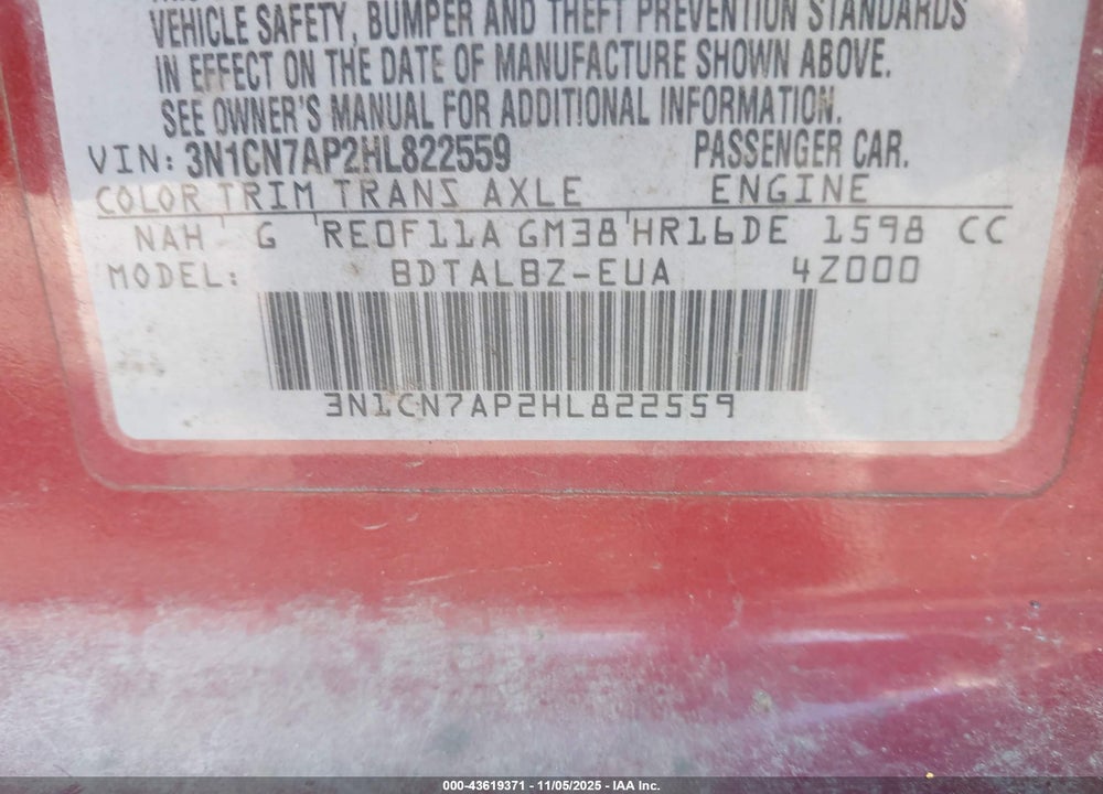 2017 NISSAN VERSA VIN: 3N1CN7AP2HL822559