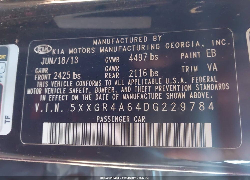 2013 KIA OPTIMA SX VIN: 5XXGR4A64DG229784