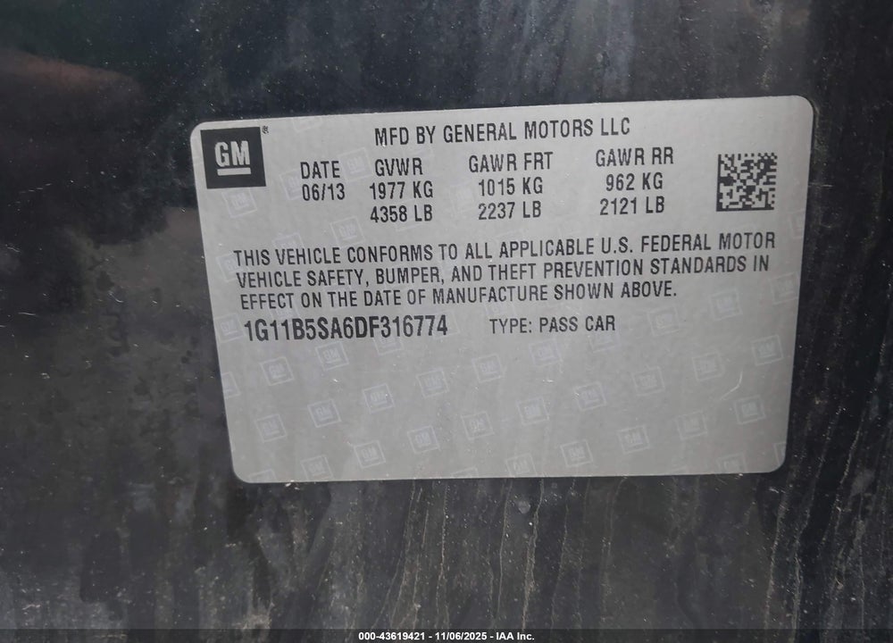 2013 CHEVROLET MALIBU 1LS VIN: 1G11B5SA6DF316774