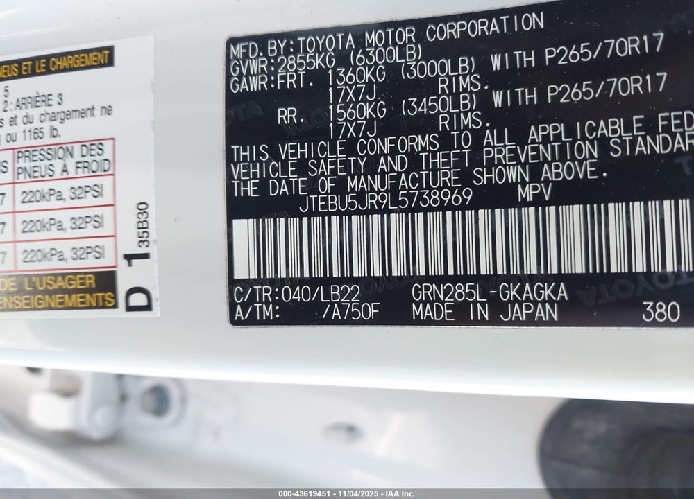 2020 TOYOTA 4RUNNER VIN: JTEBU5JR9L5738969
