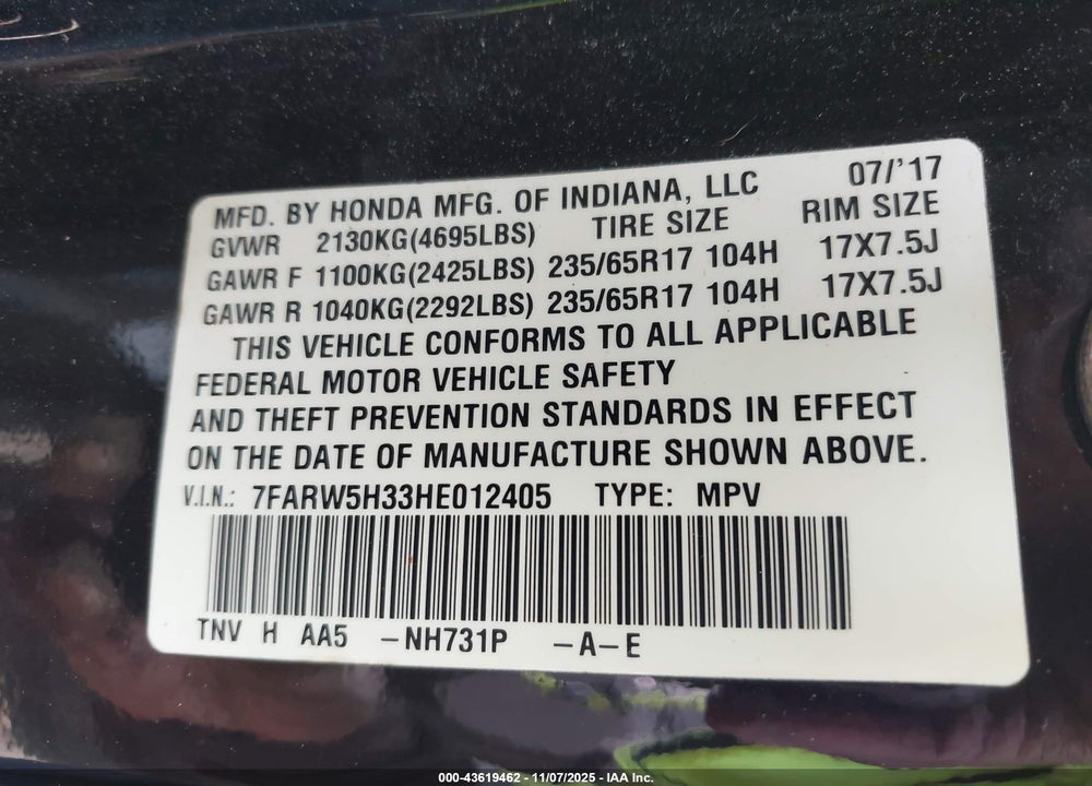 2017 HONDA CR-V VIN: 7FARW5H33HE012405