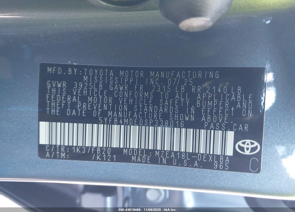 2025 TOYOTA COROLLA LE VIN: 5YFB4MDE0SP338016