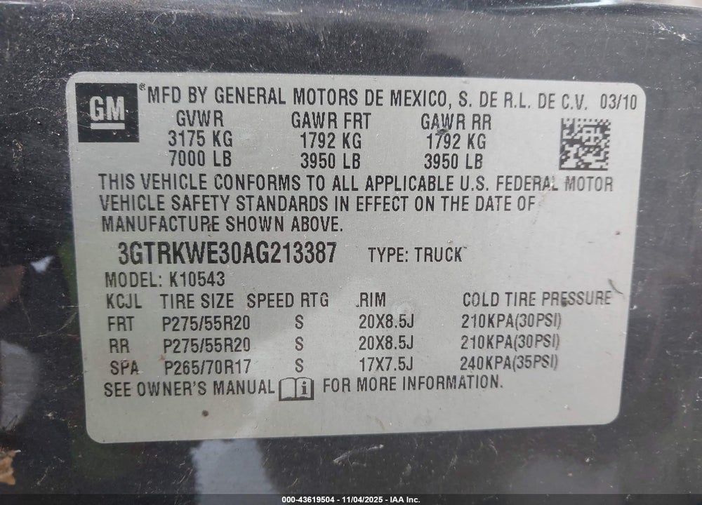 2010 GMC SIERRA 1500 SLT VIN: 3GTRKWE30AG213387