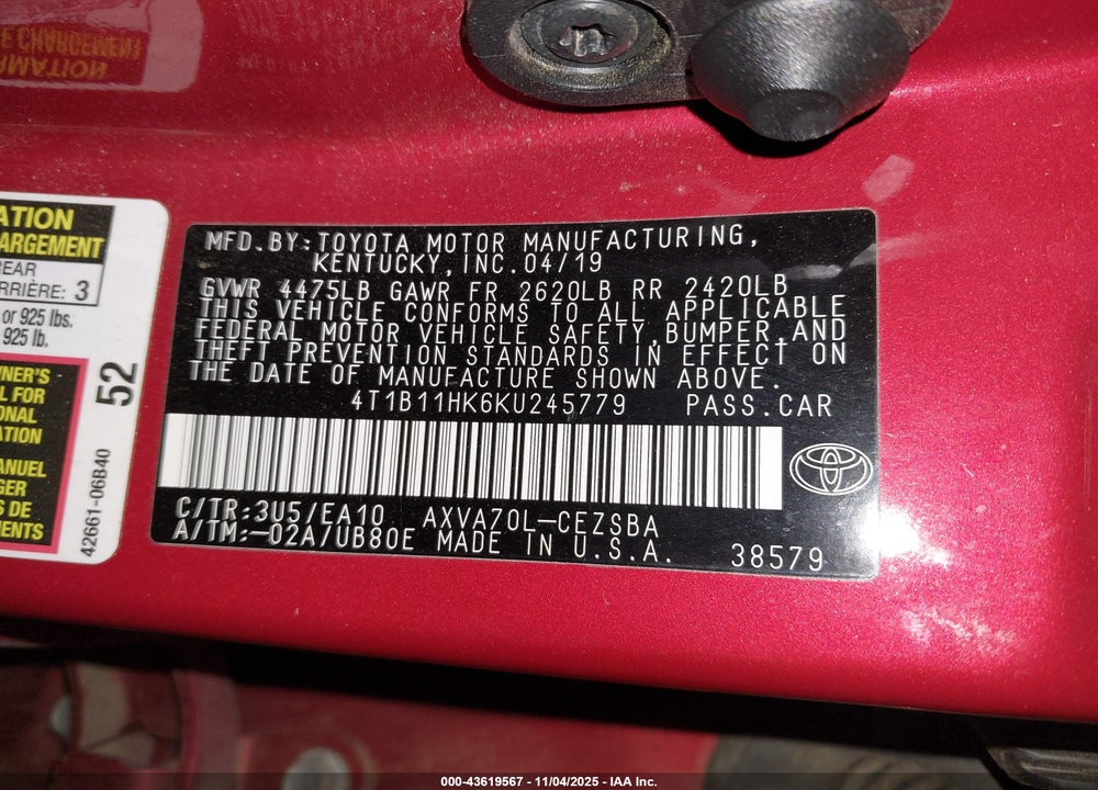 2019 TOYOTA CAMRY SE VIN: 4T1B11HK6KU245779