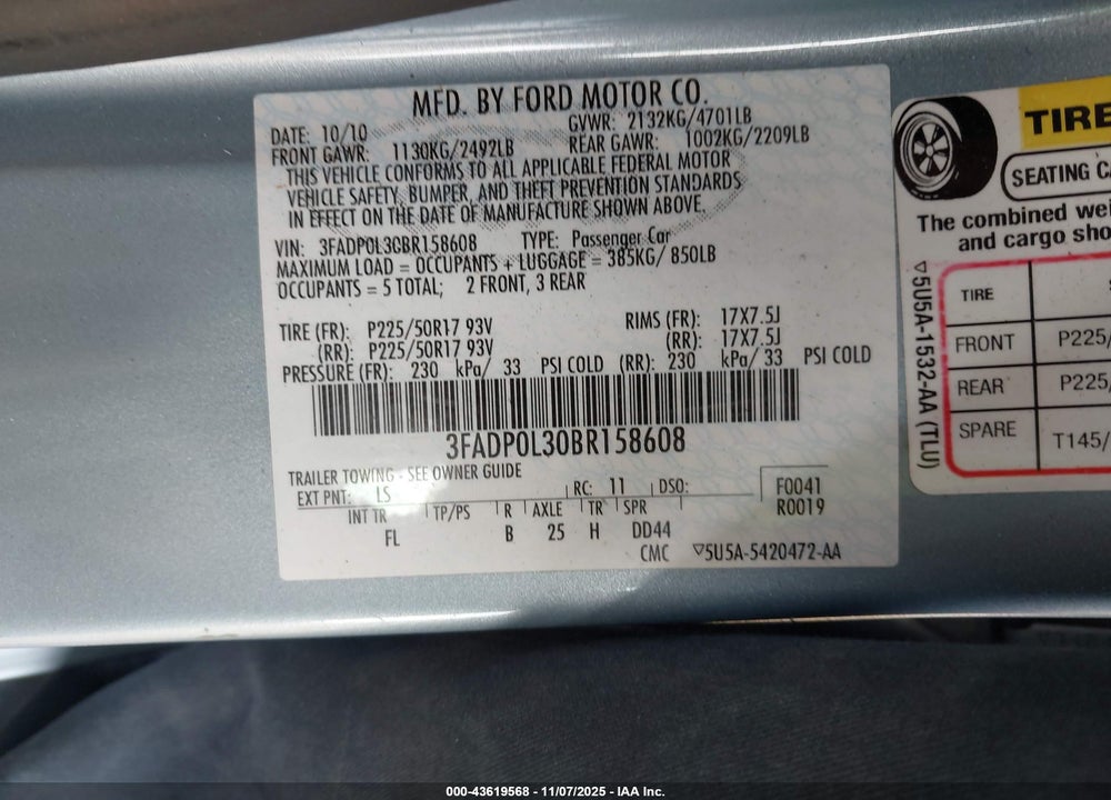 2011 FORD FUSION VIN: 3FADP0L30BR158608