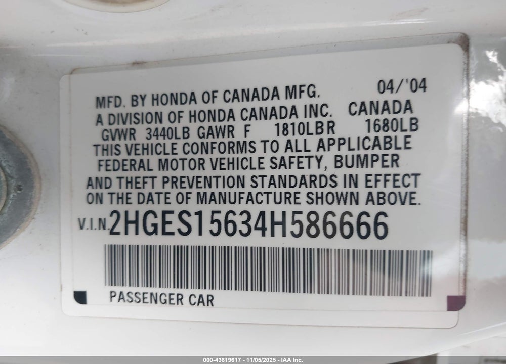 2004 HONDA CIVIC LX VIN: 2HGES15634H586666