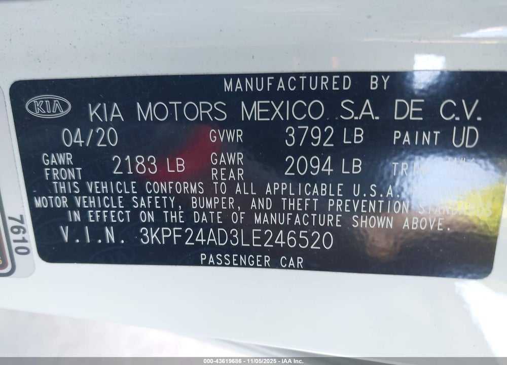 2020 KIA FORTE LXS VIN: 3KPF24AD3LE246520
