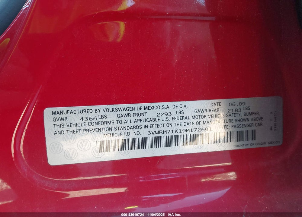2009 VOLKSWAGEN JETTA SE VIN: 3VWRM71K19M172601