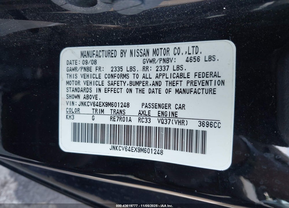 2009 INFINITI G37 JOURNEY VIN: JNKCV64EX9M601248