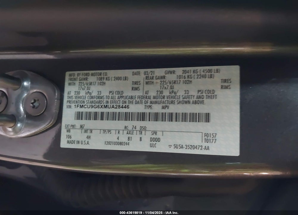 2021 FORD ESCAPE SE VIN: 1FMCU9G6XMUA28446