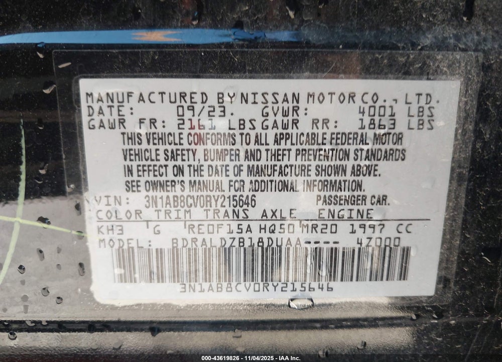 2024 NISSAN SENTRA VIN: 3N1AB8CV0RY215646