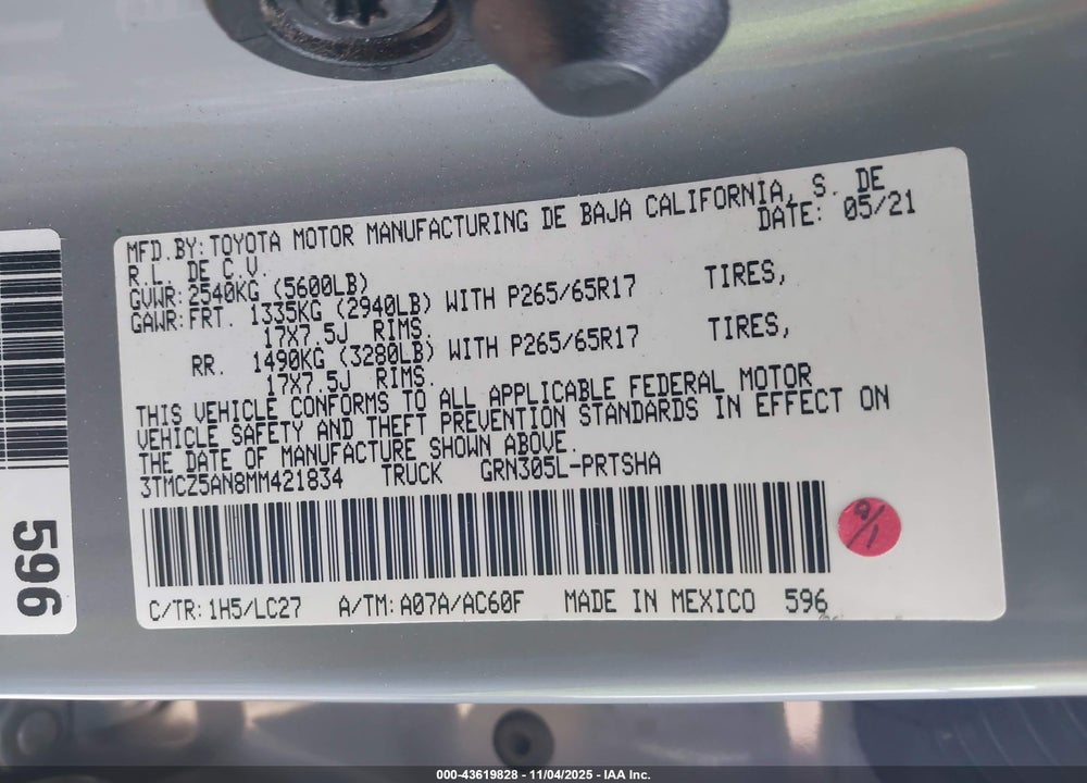 2021 TOYOTA TACOMA VIN: 3TMCZ5AN8MM421834